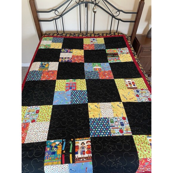 85x61"- Twin Size QUILT Handmade Machine Quilted School Bus ABC Theme - Picture 2 of 14